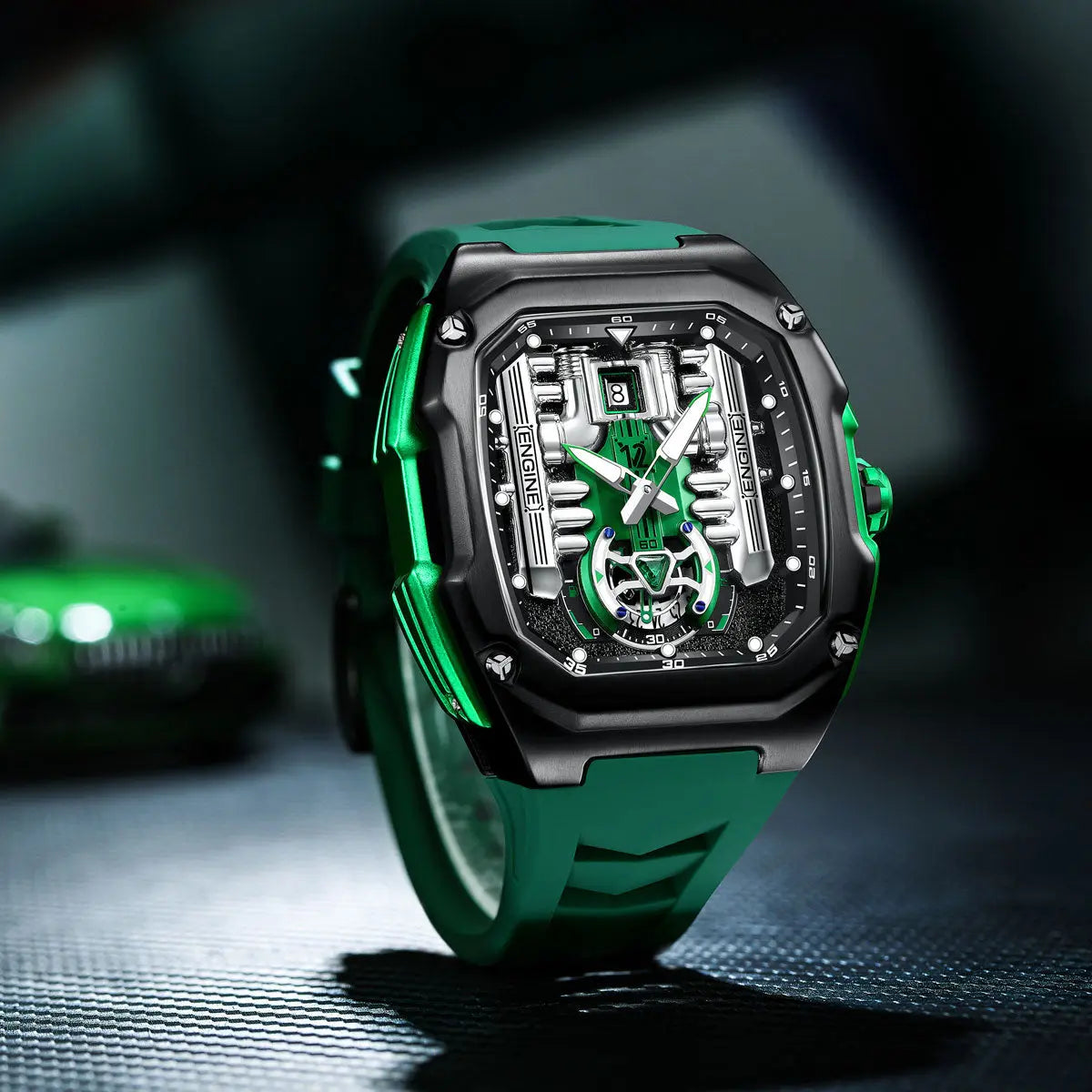 HMN V12 Phantom Engine Skeleton Watch - Bold Brushed Steel, Silicone Strap