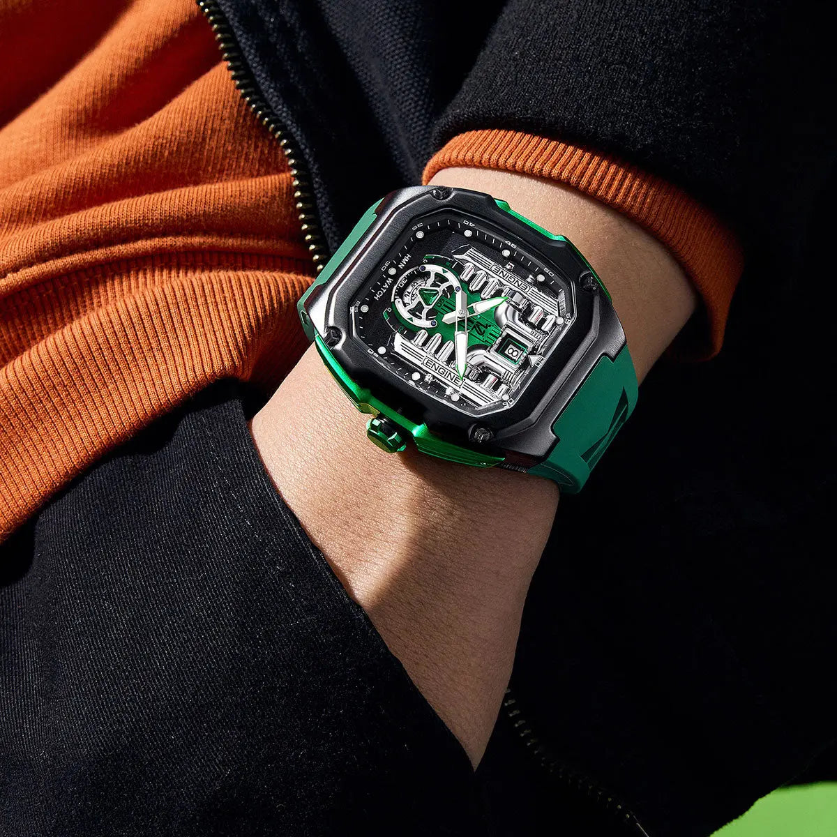 HMN V12 Phantom Engine Skeleton Watch - Bold Brushed Steel, Silicone Strap