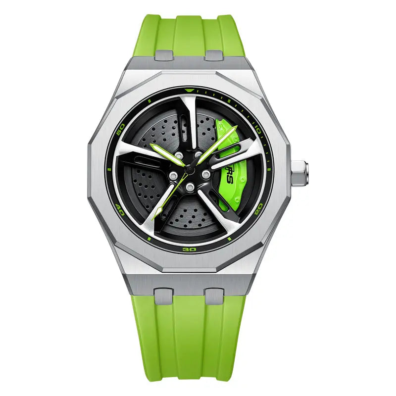 HMNWatch Bavaria RS7 Racing Watch: Spinning Wheel, Silver Case, Silicone Strap