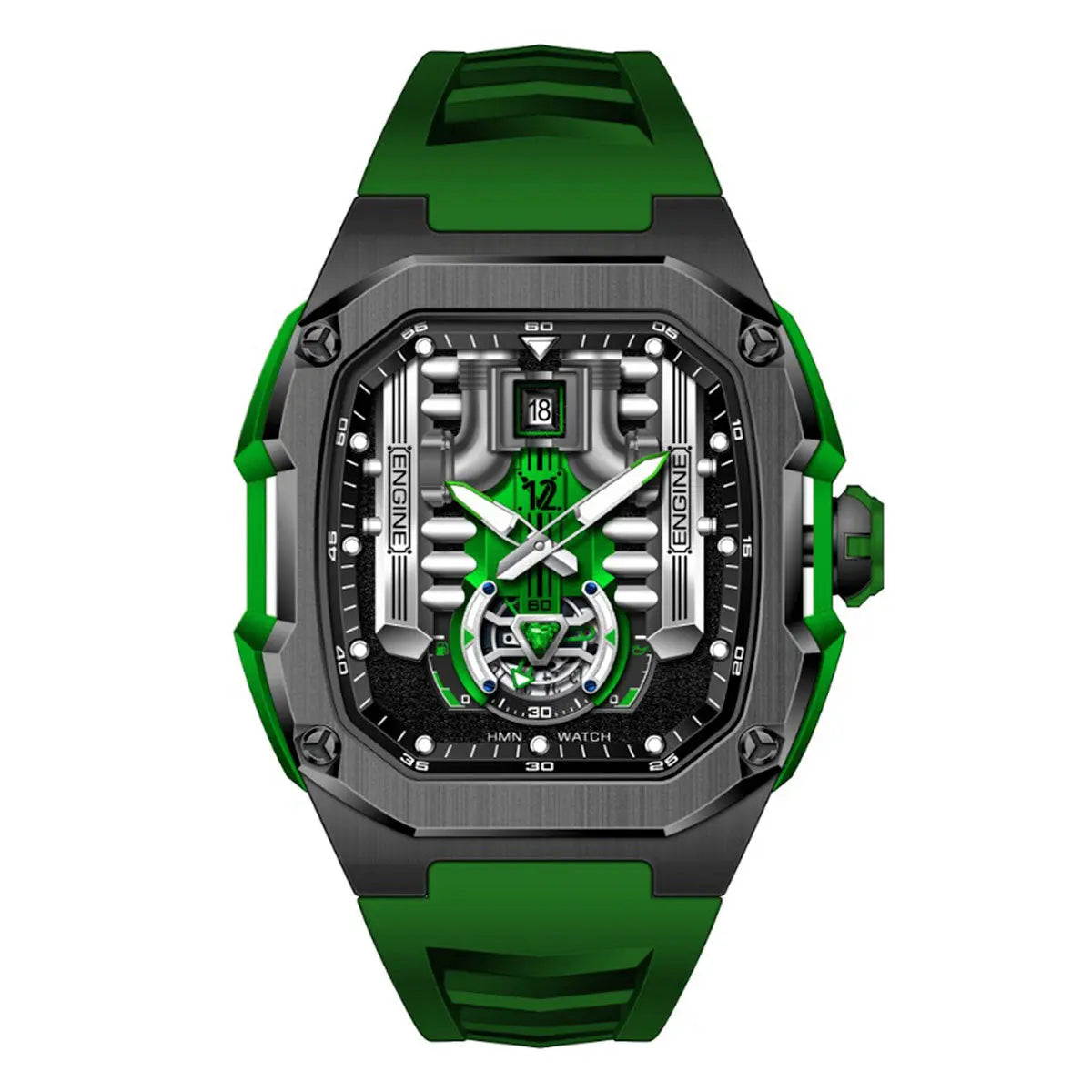 HMN V12 Phantom Engine Skeleton Watch - Bold Brushed Steel, Silicone Strap