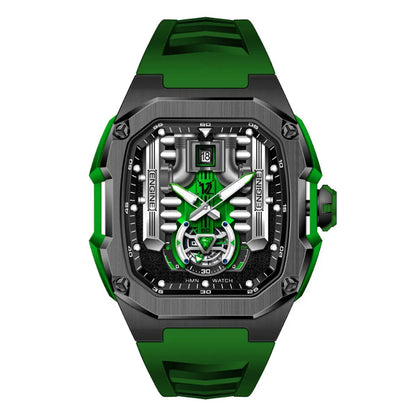 HMN V12 Phantom Engine Skeleton Watch - Bold Brushed Steel, Silicone Strap