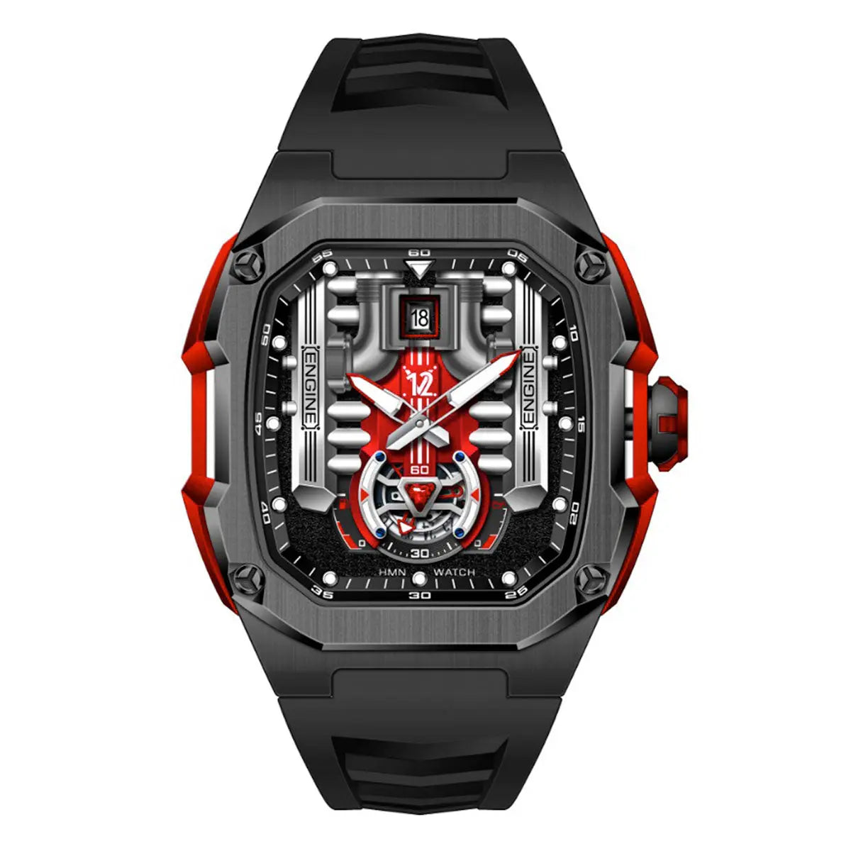 HMN V12 Phantom Engine Skeleton Watch - Bold Brushed Steel, Silicone Strap