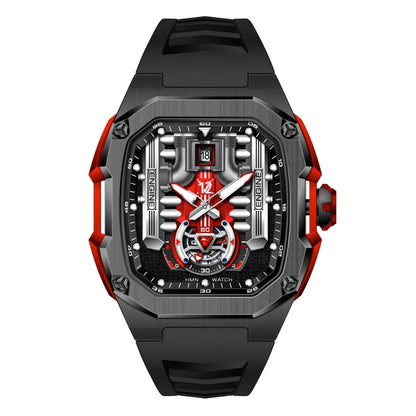 HMN V12 Phantom Engine Skeleton Watch - Bold Brushed Steel, Silicone Strap