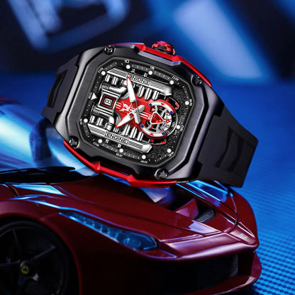 HMN V12 Phantom Engine Skeleton Watch - Bold Brushed Steel, Silicone Strap